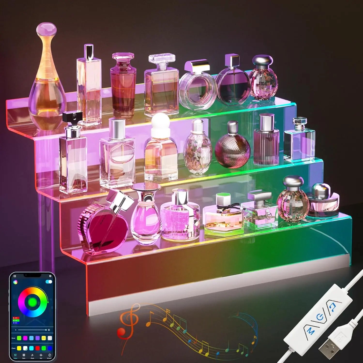 16" Acrylic LED Display Organizer - 3-Tier Perfume Stand with Color-Changing Lights for Fragrance and Decorative Items